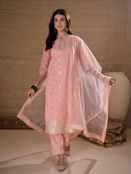 AVANSHEE - Women Peach Chanderi Cotton Silk Embroidery Kurta with Pant and Dupatta