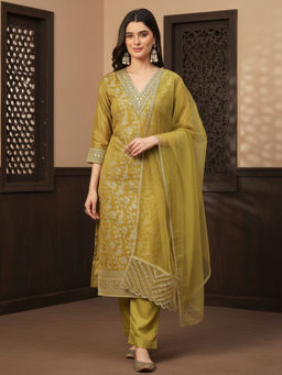AVANSHEE - Women Mustard Chanderi Cotton Embroidery Kurta with Pant and Dupatta