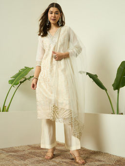 AVANSHEE - Women Off White Chanderi Cotton Embroidery Kurta with Pant and Dupatta