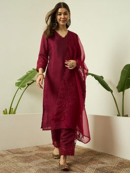 AVANSHEE - Women Maroon Silk Blend Solid Kurta with Pant and Dupatta