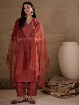 AVANSHEE - Women Rust Silk Blend Solid Kurta with Pant and Dupatta