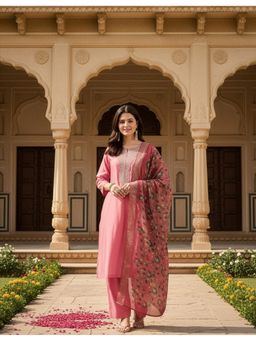AVANSHEE - Women Peach Chanderi Cotton Silk Embroidery Kurta with Pant and Dupatta
