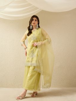 AVANSHEE - Women Yellow Organza Embroidery Short Kurta with Palazzo and Dupatta