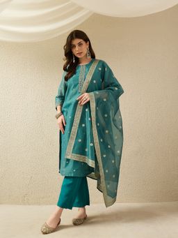 AVANSHEE - Women Turquoise Chanderi Cotton Straight Kurta with Pant and Dupatta