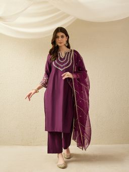 AVANSHEE - Women Wine Silk Blend Embroidery Kurta with Pant and Dupatta