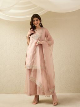 AVANSHEE - Women Pink Organza Embroidery Short Kurta with Palazzo and Dupatta