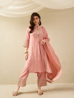 AVANSHEE - Women Peach Silk Blend Embroidered Straight Kurta with Pant and Dupatta