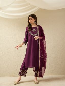 AVANSHEE - Women Wine Silk Blend Embroidery Kurta with Pant and Dupatta
