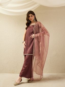 AVANSHEE - Women Brown Simmer Georgette Straight Kurta with Palazzo and Dupatta