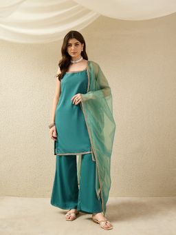 AVANSHEE - Women Turquoise Simmer Georgette Straight Kurta with Palazzo and Dupatta