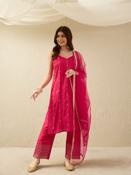 AVANSHEE - Women Pink Silk Blend Strip Kurta with Pant and Dupatta