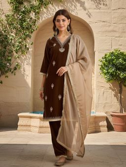 AVANSHEE - Women Brown Velvet Embroidered V-Neck Straight Kurta with Pant and Dupatta