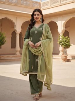 AVANSHEE - Women Green Velvet Embroidered V-Neck Straight Kurta with Pant and Dupatta