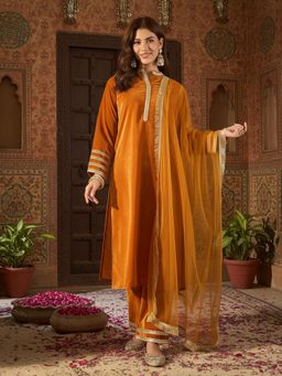 AVANSHEE - Women Mustard Velvet Straight Kurta with Pant and Dupatta