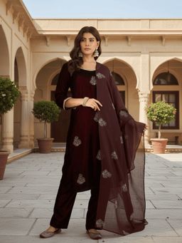 AVANSHEE - Women Maroon Embroidered Velvet Kurta and Pant Dupatta