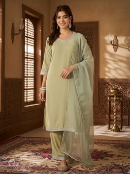 AVANSHEE - Women Light Green Velvet Straight Kurta with Pant and Dupatta