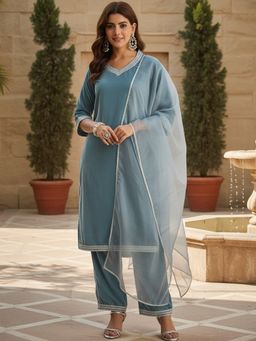 AVANSHEE - Women Blue Velvet Straight Kurta with Pant and Dupatta