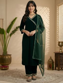 AVANSHEE - Women Green Velvet Angrakha Style Kurta with Pant and Dupatta