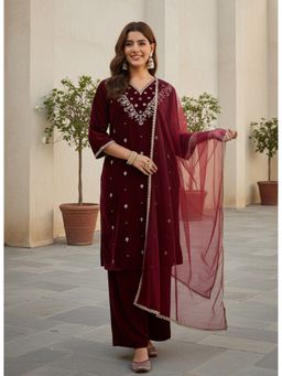 AVANSHEE - Women Maroon Embroidered Velvet Straight Kurta with Pant and Dupatta