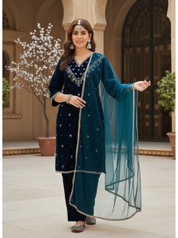 AVANSHEE - Women Teal Embroidered Velvet Straight Kurta with Pant and Dupatta