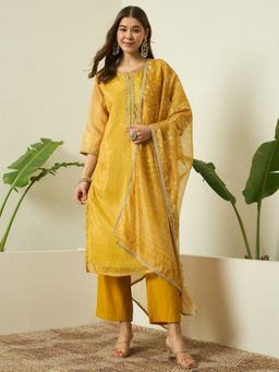 AVANSHEE - Women Mustard Organza Bandhani Printed Straight Kurta with Pant and Dupatta
