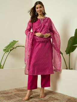 AVANSHEE - Women Pink Organza Bandhani Printed Straight Kurta with Pant and Dupatta
