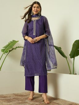 AVANSHEE - Women Purple Organza Bandhani Printed Straight Kurta with Pant and Dupatta