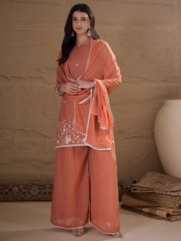 AVANSHEE - Women Peach Embroidered Georgette Short Kurta with Palazzo and Dupatta