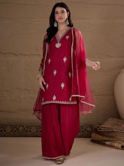 AVANSHEE - Women Dark Pink Embroidered Silk Blend Kurta with Palazzo and Dupatta