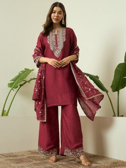 AVANSHEE - Women Maroon Embroidered Silk Blend Kurta with Palazzo and Dupatta