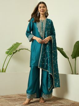 AVANSHEE - Women Teal Embroidered Silk Blend Kurta with Palazzo and Dupatta
