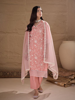 AVANSHEE - Women Peach Silk Blend Embroidered Straight Kurta with Pant and Dupatta