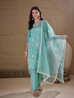 AVANSHEE - Women Sea Green Silk Blend Embroidered Straight Kurta with Pant and Dupatta