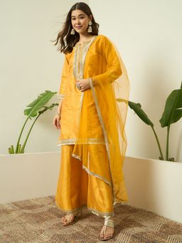 AVANSHEE - Women Mustard Silk Blend Polka Dot Jacquard Short Kurta with Palazzo and Dupatta