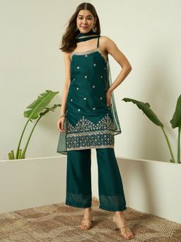 AVANSHEE - Women Green Georgette Embroidered Straight Kurta with Pant and Dupatta