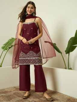 AVANSHEE - Women Maroon Georgette Embroidered Straight Kurta with Pant and Dupatta