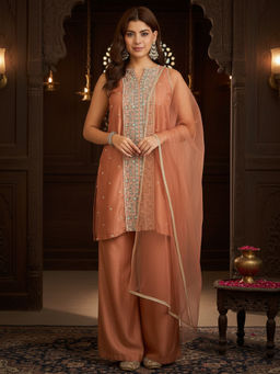 AVANSHEE - Women Peach Embroidered Silk Blend Kurta with Palazzo and Dupatta