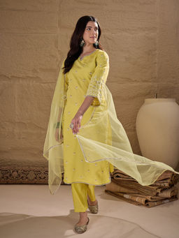AVANSHEE - Women Yellow Silk Blend Embroidered Straight Kurta with Pant and Dupatta