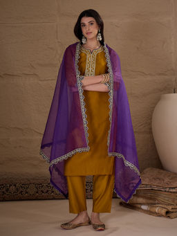 AVANSHEE - Women Mustard Silk Blend Yoke Embroidered Straight Kurta with Pant and Dupatta