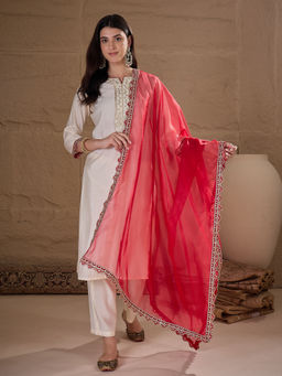 AVANSHEE - Women Off White Silk Blend Yoke Embroidered Straight Kurta with Pant and Dupatta