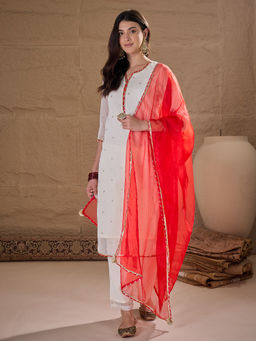 AVANSHEE - Women Off White Mukaish Butti Work Kurta with Pant and Dupatta