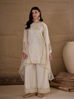 AVANSHEE - Women Off White Silk Blend Embroidered Straight Kurta with Palazzo and Dupatta