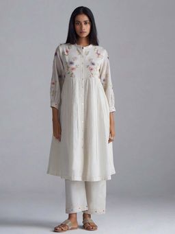 Ganga Fashions - Women Ivory Mul-Mul A-Line Co-Ord Set