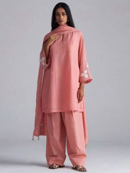 Ganga Fashions - Women Coral Almond Chanderi Kurta with Salwar and Dupatta