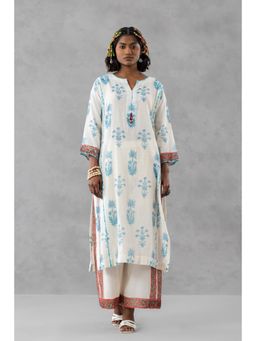Finethreads by Hina & Nikhat - Neel Pushp Chanderi White Tunic with Palazzo