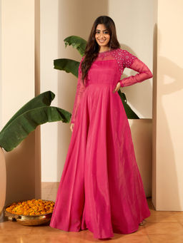 INDDUS - Women Silk Blend Pink Thread Embroidered Dress