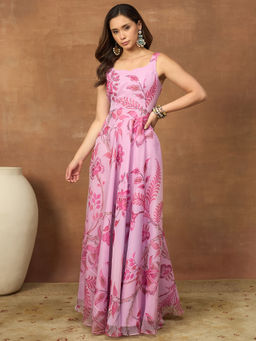INDDUS - Women Pink Floral Printed Beads and Stone Work Ethnic Dress