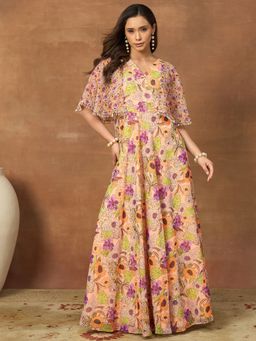INDDUS - Women Peach Floral Printed Ethnic Dress