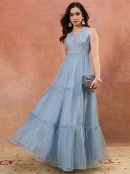 INDDUS - Women Blue Floral Thread and Sequinned Embroidered Ethnic Dress