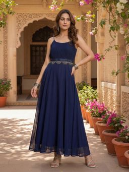 INDDUS - Women Navy blue Pleated Flared Ethnic Dress with Belt